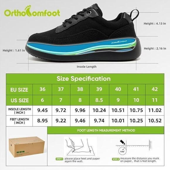 OrthoComfoot Women's Orthopedic Platform Sneakers,  Shoes Black ‎ size 38 - Picture 5 of 10